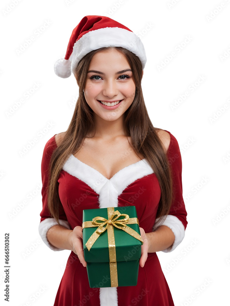Santa girl holding a Christmas gift, isolated, transparent background, no background. PNG. Santa girl holding a Christmas gift, isolated, transparent background, no background. PNG.