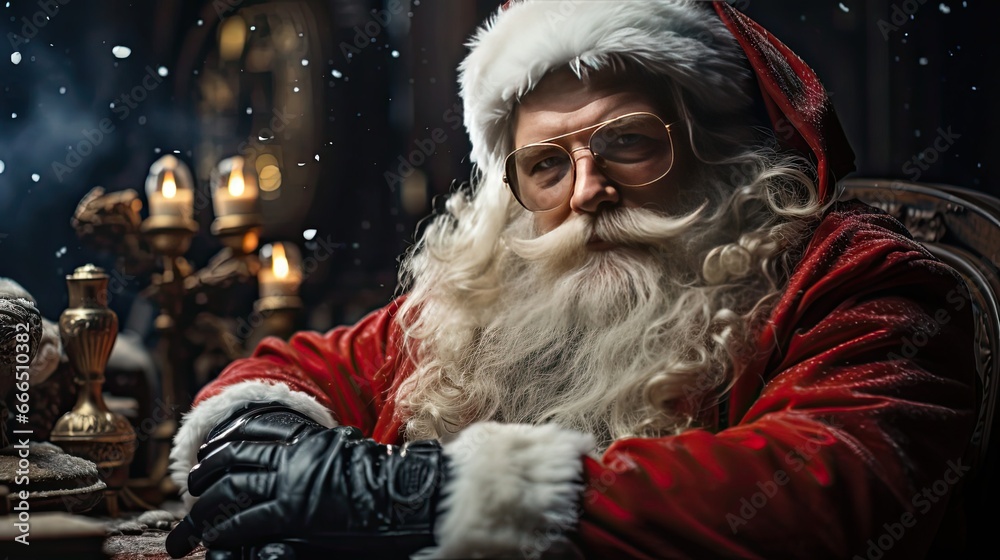 Portrait of santa claus sitting with his arms folded at a white table. Cool Christmas concept. Generative AI Portrait of santa claus sitting with his arms folded at a white table. Cool Christmas concept. Generative AI