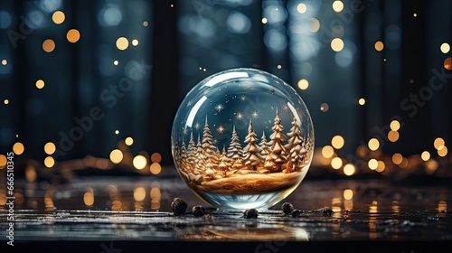 Minimal composition with glass ball, glass globe ball as decoration of interior. Christmas snow globe. Generative AI