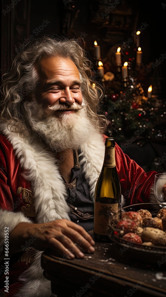 Drunk and happy Santa Claus lying on the floor with a bottle of wine. Cool Christmas concept. Generative AI