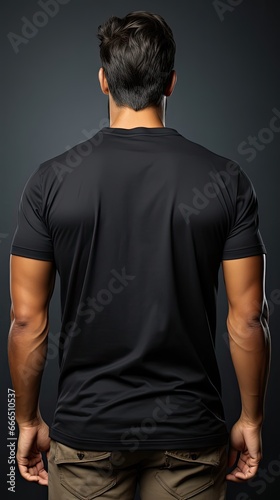 Young male in blank black t-shirt, front and back view, isolated white background. Mockup template design. Generative AI