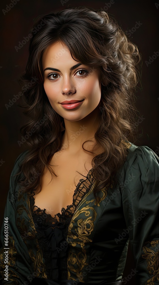 Portrait of a smilling brunette woman. Model illustration. Generative AI Portrait of a smilling brunette woman. Model illustration. Generative AI