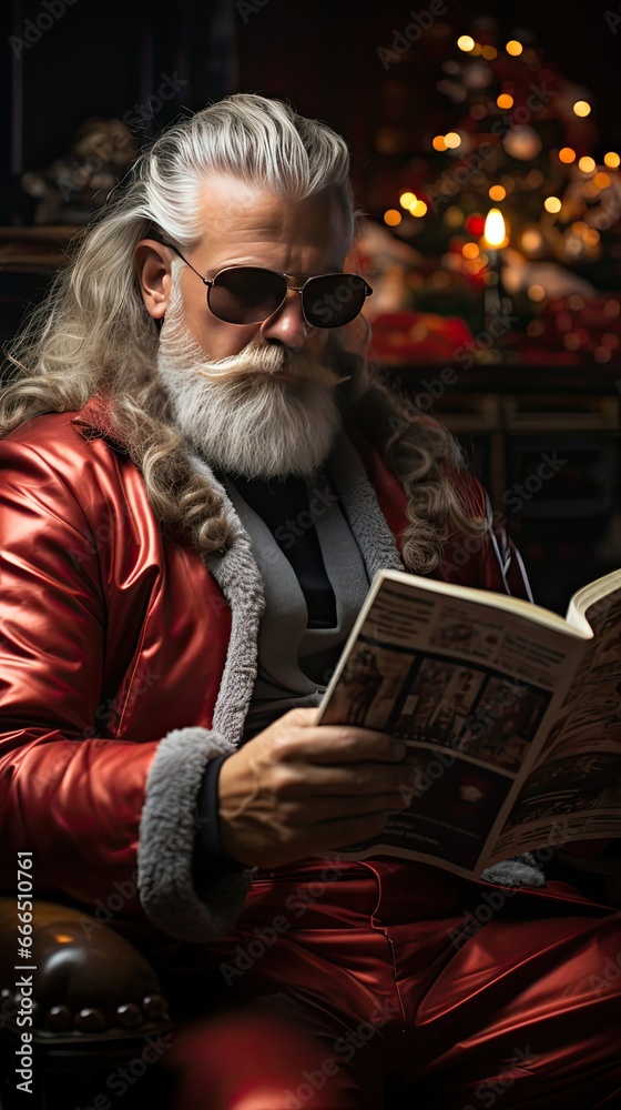 Obscured view of santa claus reading business newspaper while sitting on sofa. Cool Christmas concept. Generative AI