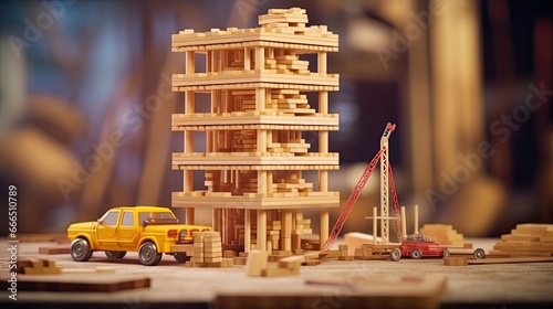 Engineering play. Blocks wood tower game jenga, industry layout. Engineer and architect concept. Beautiful style illustration. Generative AI photo