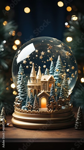 Merry Christmas. Atmospheric winter time. Stylish christmas snow globe on background of christmas tree in lights in festive decorated boho room. Christmas snow globe. Generative AI © tanyastock