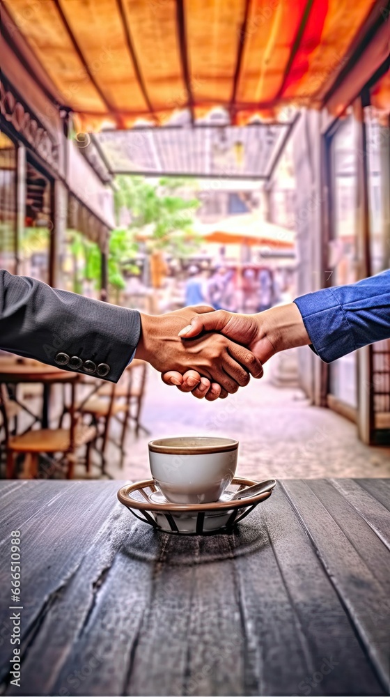 Naklejka premium Handshake of partners. Beautiful style illustration. Generative AI