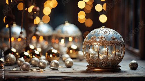 Beautiful snow globe, gift box and Christmas balls. Christmas snow globe. Generative AI