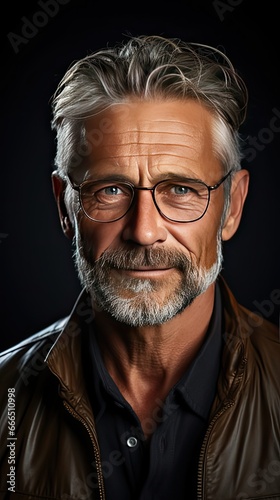 Portrait of a mature businessman wearing glasses on background. Happy senior latin man looking at camera over grey wall with copy space. Man face portrait illustration. Generative AI © tanyastock