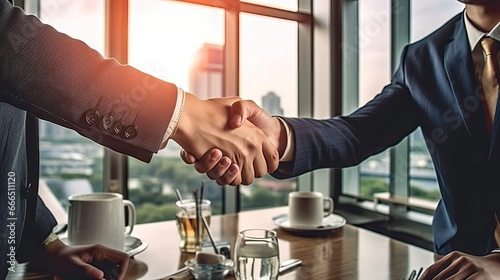 Business shaking hands, finishing up meeting. Successful businessmen handshaking after good deal. Beautiful style illustration. Generative AI