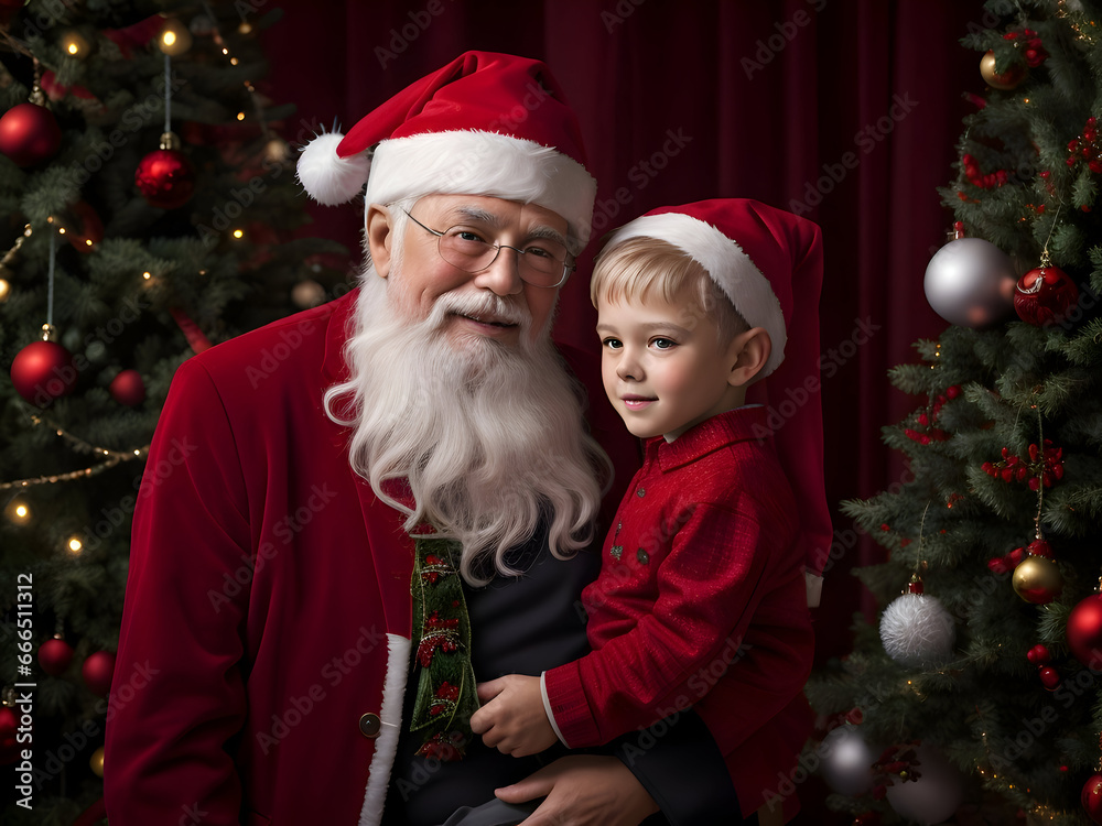Santa Claus and little boy at the Christmas tree. Christmas and New Year.generated with ai Santa Claus and little boy at the Christmas tree. Christmas and New Year.generated with ai