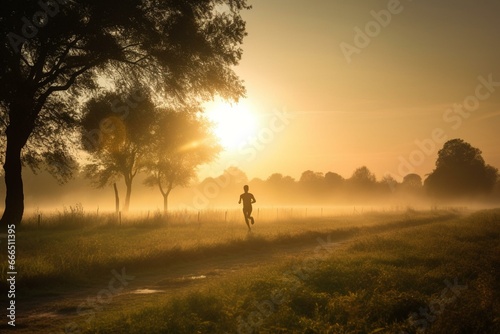 A person jogging in a serene landscape, surrounded by nature's beauty at sunrise. Breathe in fresh air, boost your mood, find mental clarity through exercise. Generative AI