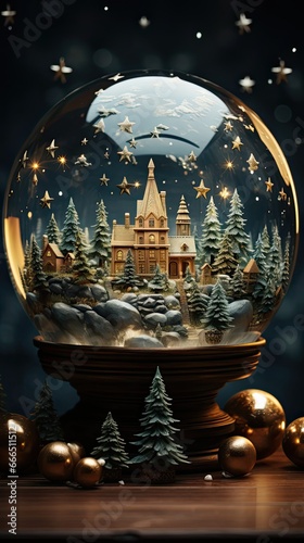 Christmas snow globe on wooden background. Christmas snow globe. Generative AI
