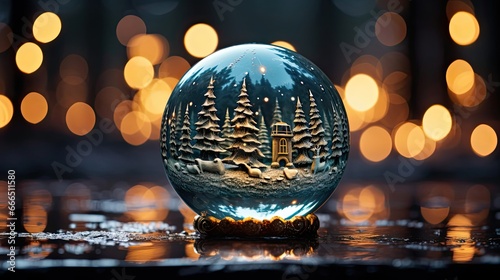 Snow Ball With Christmas Tree In It And Lights On Winter Background. Christmas snow globe. Generative AI