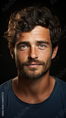 Close up portrait of smiling handsome guy in blue t-shirt on gray background. Model portrait illustration. Generative AI