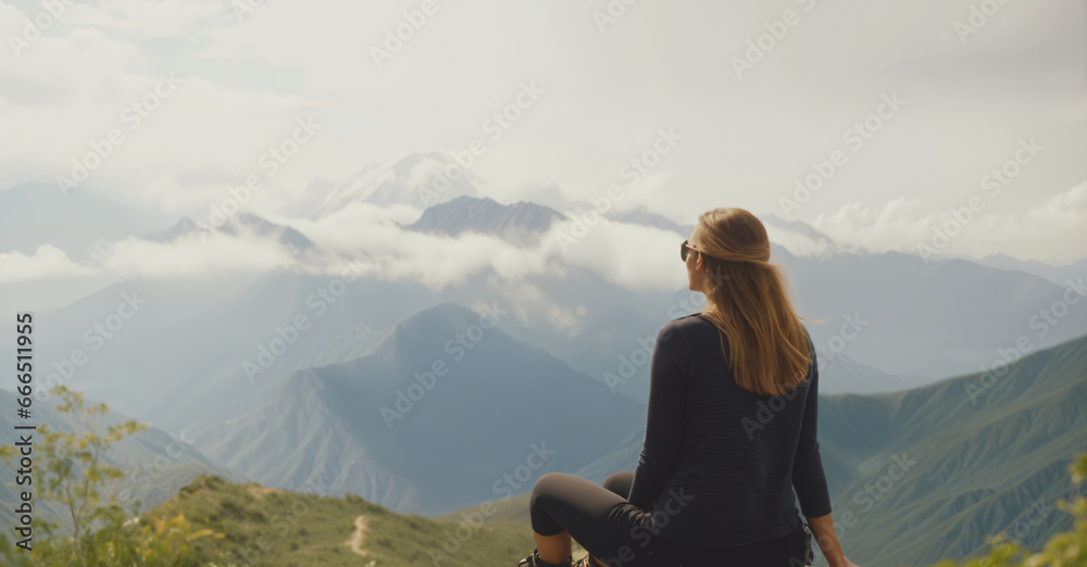 Women sit on the mountaintop to relax Women sit on the mountaintop to relax