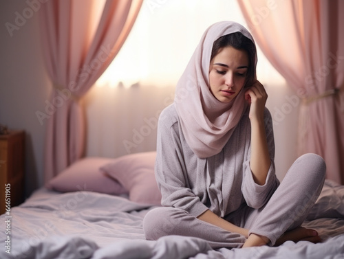 A young woman sat sadly in her pajamas on her bed