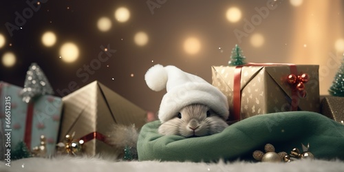 A fluffy bunny nestled among Christmas presents, ears poking through a soft Christmas hat with golden bells