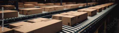 Multiple cardboard box packages moving along a conveyor belt in a warehouse center. E-commerce concept, delivery, automation and products. Generative AI. photo
