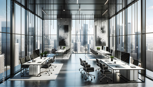 A contemporary urban office, devoid of people, showcasing expansive floor-to-ceiling windows that proffer views of the bustling city skyline, sleek furniture pieces, abstract art. 
