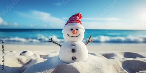 A sandy snowman built on the beach  adorned with seashell buttons and coral arms  wearing a Santa hat  with the clear blue ocean waves gently rolling in the background  copy space