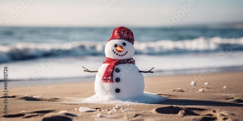 A sandy snowman built on the beach, adorned with seashell buttons and coral arms, wearing a Santa hat, with the clear blue ocean waves gently rolling in the background, copy space