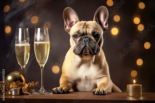 French bulldog dog celebrating new years eve with champagne. Holiday decorated, Christmas lights on background. © ita_tinta_