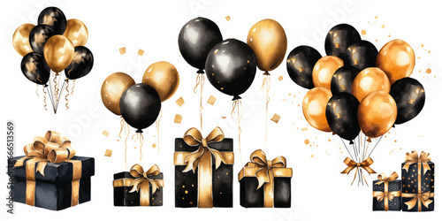 black and gold balloons and present boxes with gold ribbon