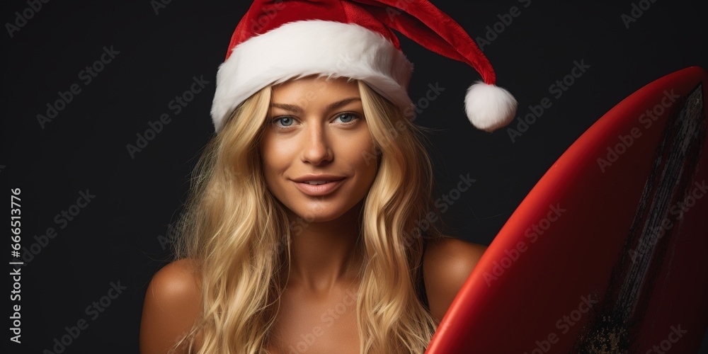 Portrait of a blonde woman with a surfboard on dark red studio background, copy space Portrait of a blonde woman with a surfboard on dark red studio background, copy space