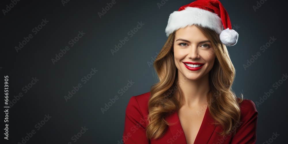 Portrait of a Caucasian businesswoman wearing a Christmas hat on studio background Portrait of a Caucasian businesswoman wearing a Christmas hat on studio background