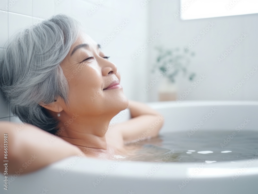 Naklejka premium smiling senior woman in bath 