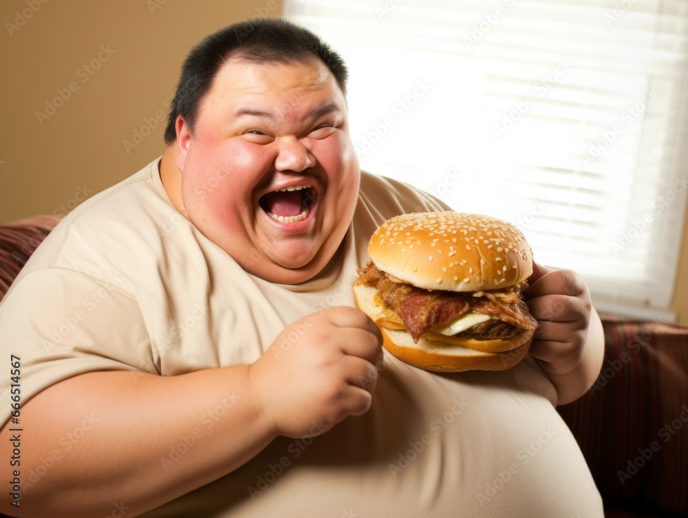 A severely overweight man enjoys his burger A severely overweight man enjoys his burger