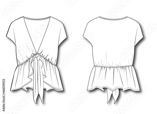 women ,girl,deep v neck, tie front,ruffle,tshirt top,technical drawing vector,fashion vector,cad