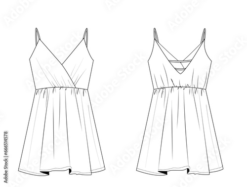 women , girl,spaghetti strap,V neck cross wrap mini summer dress technical drawing vector,fashion flat,cad