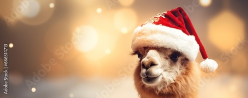 Christmas banner with Alpaca in Santa Claus hat