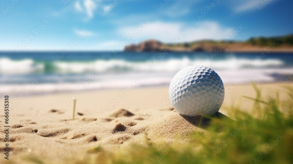 AI generated illustration of a golf ball in the sand on a beach with the ocean in the background AI generated illustration of a golf ball in the sand on a beach with the ocean in the background