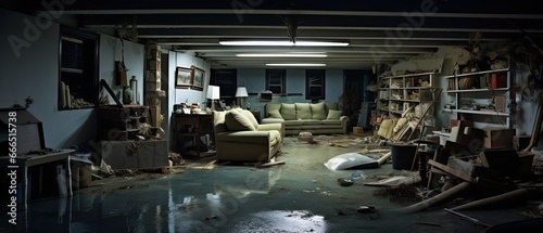 home's flooded basement with waterlogged possessions, to portray the emotional impact of property damage photo
