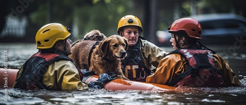Pet Rescue: Action shot of pets being rescued from flooded areas, focusing on the human-animal bond during crises