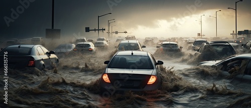 Highway Havoc: Capture the chaos of a flooded highway with stranded cars, emphasizing the disruption of daily life