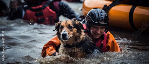 Pet Rescue: Action shot of pets being rescued from flooded areas, focusing on the human-animal bond during crises