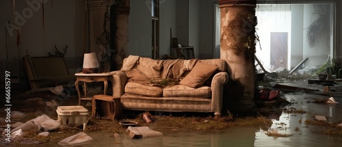 Photograph a flooded living room  furniture floating and personal belongings scattered  showcasing the devastating personal impact of a flood