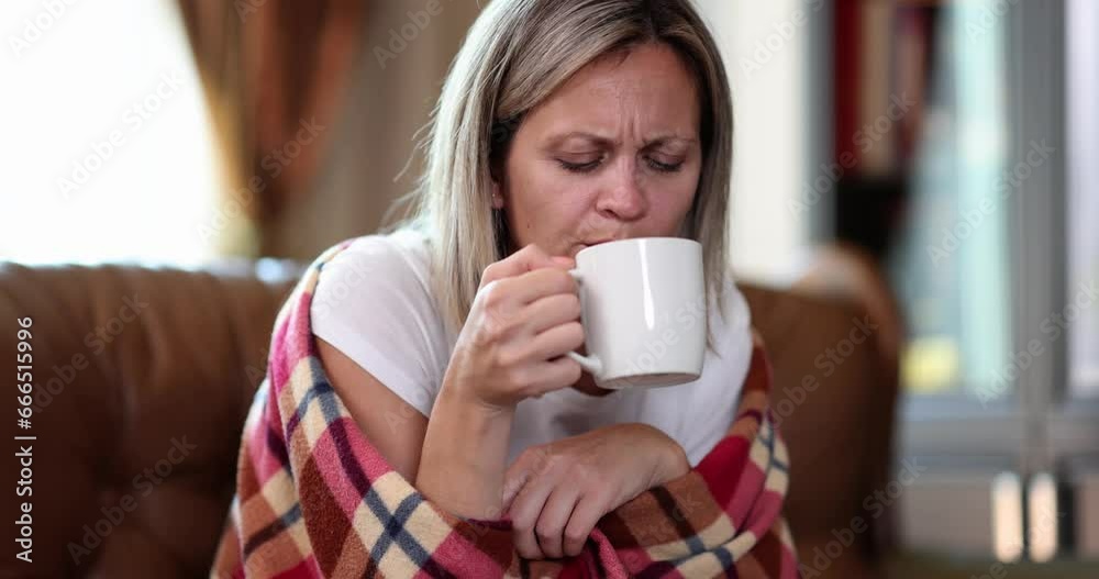 A woman on a sofa drinks tea, close-up, slowmotion. The concept of interruptions in heating, fever chills A woman on a sofa drinks tea, close-up, slowmotion. The concept of interruptions in heating, fever chills