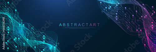 Quantum computer technologies concept. Futuristic blue circuit board background vector. Modern technology circuit board texture background design. Waves flow. Quantum explosion technology.