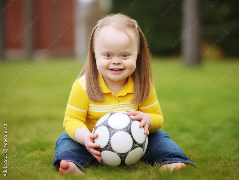 A child with Down syndrome plays with a leather ball A child with Down syndrome plays with a leather ball