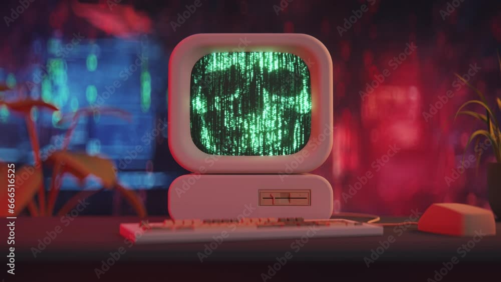 Skull made of binary digital code on screen of retro computer in hacker room. 3D render animation