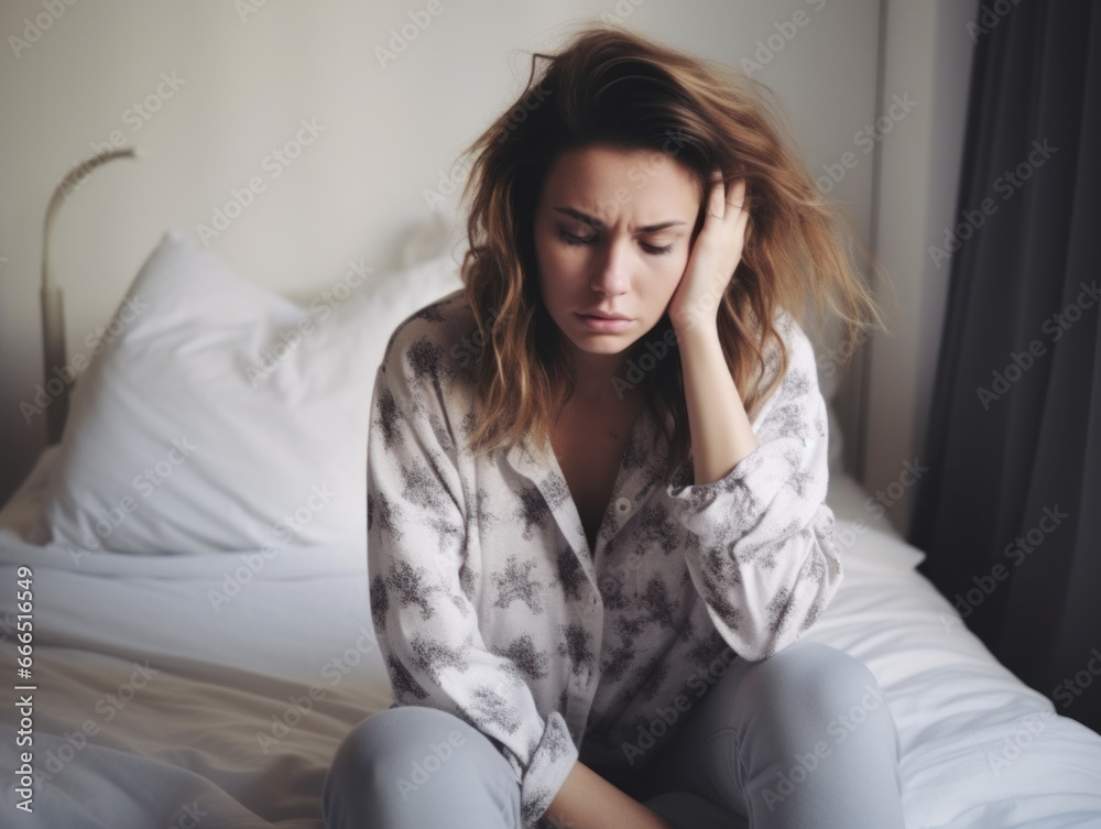 A young woman sat sadly in her pajamas on her bed A young woman sat sadly in her pajamas on her bed