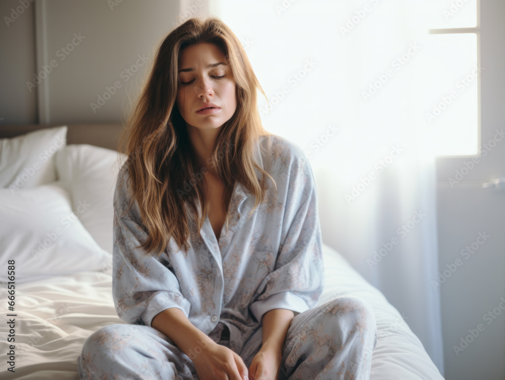 A young woman sat sadly in her pajamas on her bed A young woman sat sadly in her pajamas on her bed