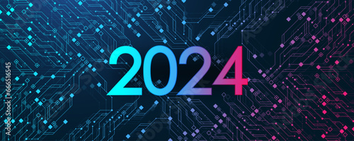 Template New Year and Happy Christmas cards in the style of new technology 2024. Christmas 2024 year on printed circuit board. Digits 2024 in electronic technology style