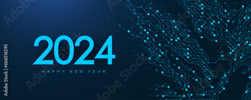 Template New Year and Happy Christmas cards in the style of new technology 2024. Christmas 2024 year on printed circuit board. Digits 2024 in electronic technology style