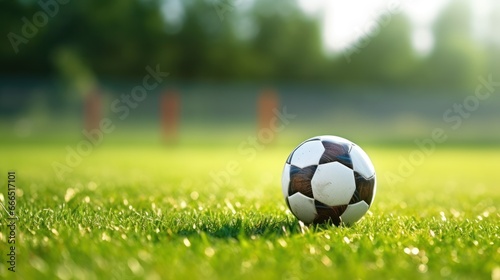 A soccer ball lying on a soccer field. Green lawn © Marvin