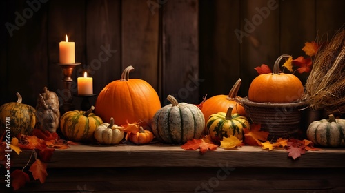 a thanksgiving table of autumn produce, pumpkins, gourds and corn